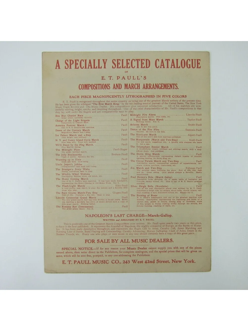Sheet Music Spirit of France March Militaire E. T. Paull WWI War Antique 1919